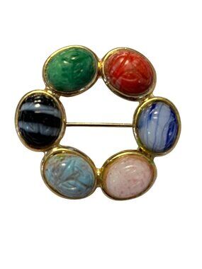 Vintage Scarab Style Circle Brooch Multicolor Cabochon Wreath Pin 1.25